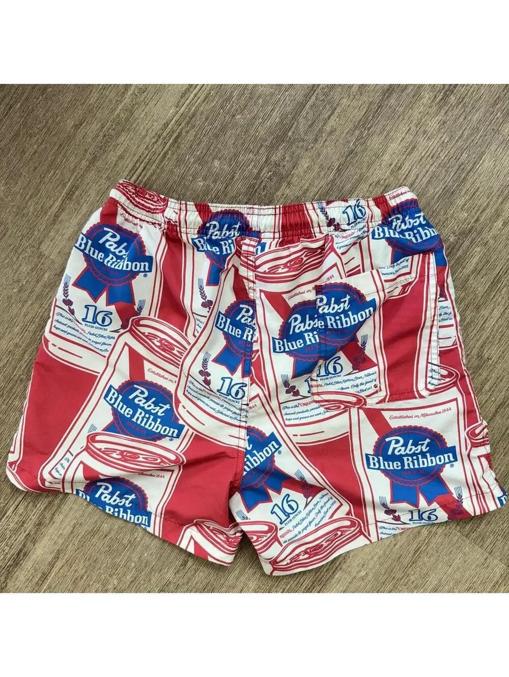 Pabst Blue Ribbon Print Swim Trunks with Mesh Lining